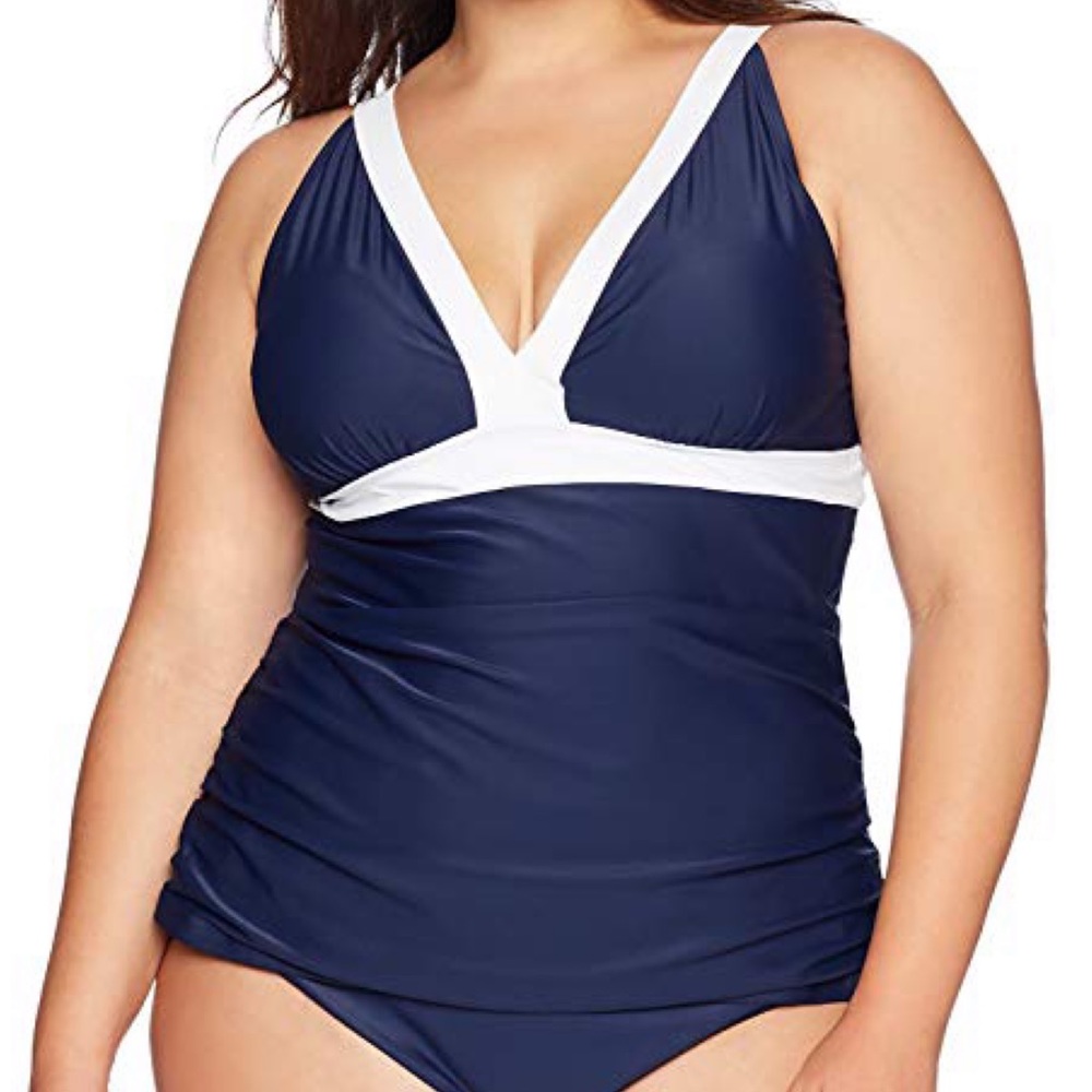 Navy blue and white V-neck tankini top size large